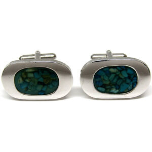 Celebrity Cufflinks Turquoise Chip Silver Large Oval Vintage Mens Formal Wear